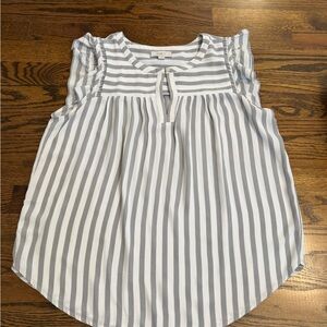 LOFT Gray and White Striped Ruffle Blouse